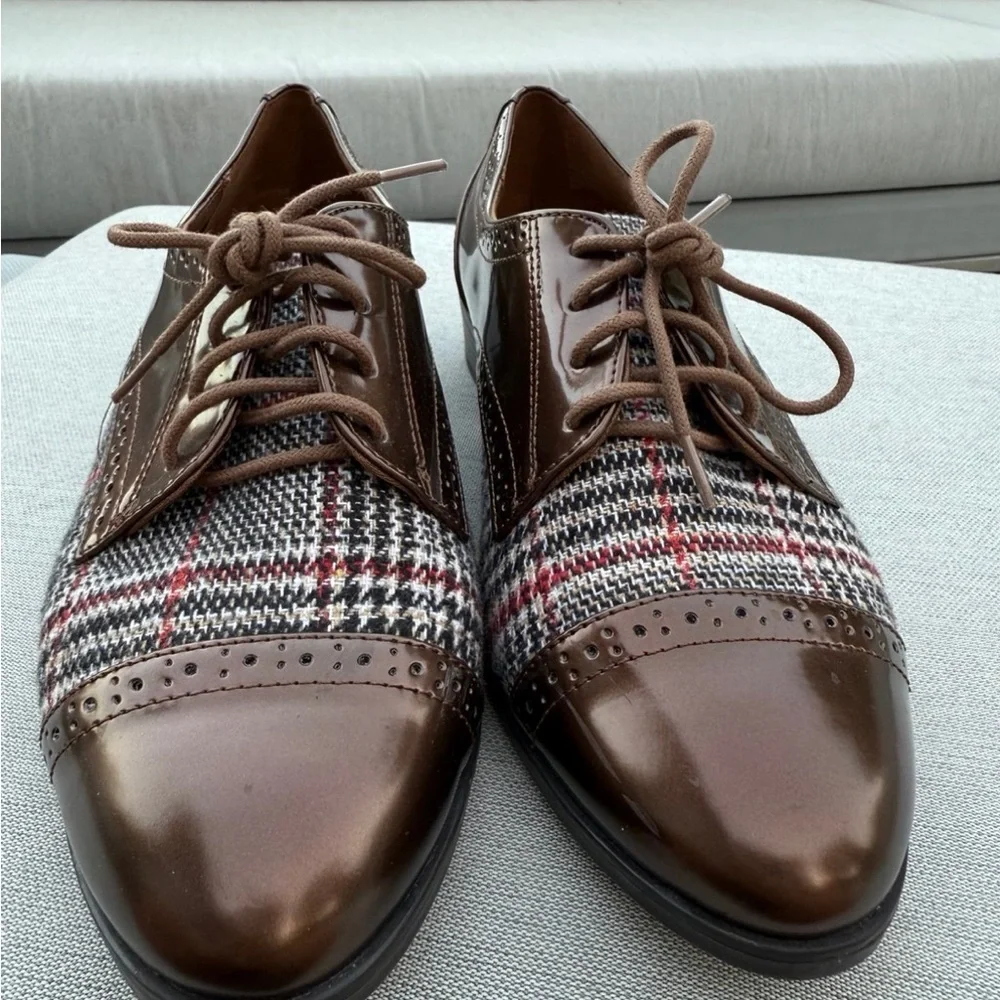 Anne Klein oxford shoes womens 8.5M Louisa Plaid Bronze Lace-up Academia